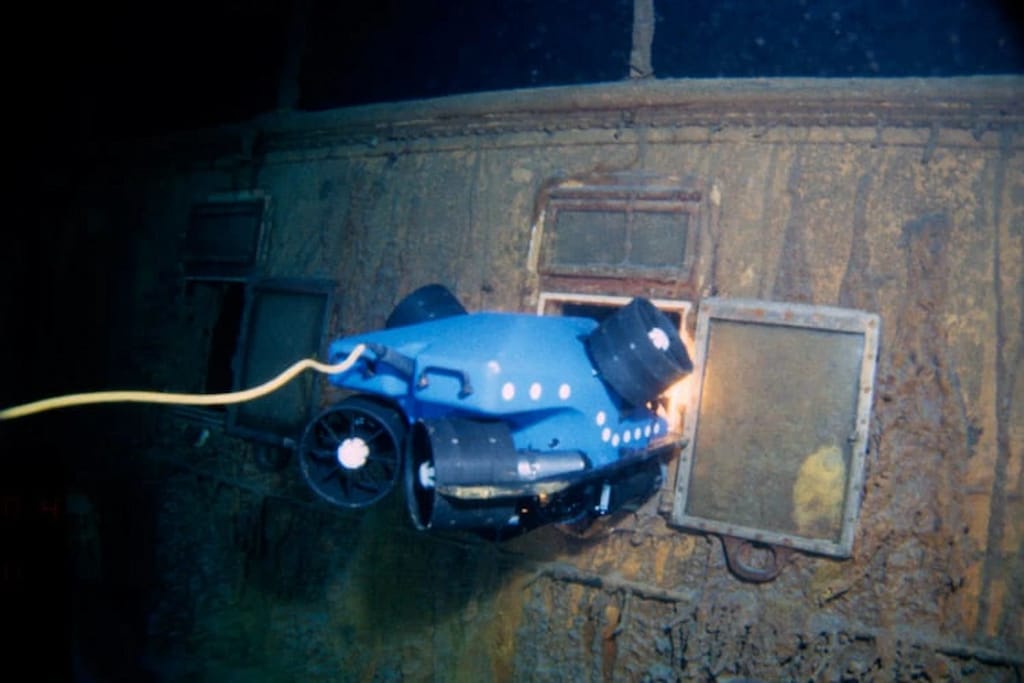 An ROV explores the Titanic underwater