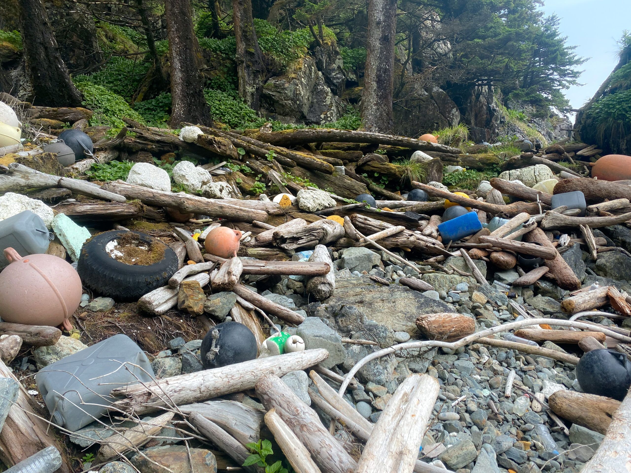 piles of debris on a rocky beach