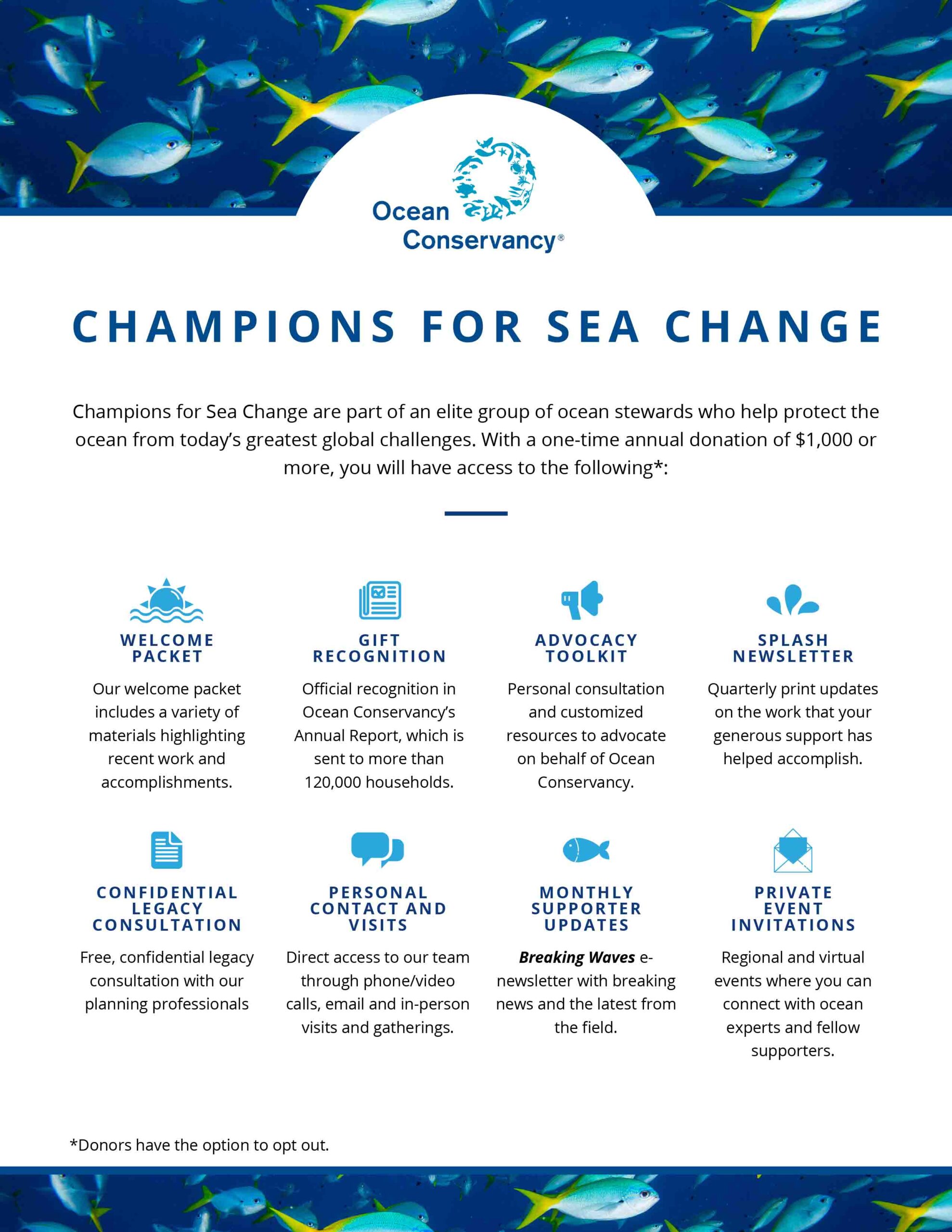 Champions for Sea Change are part of an elite group of ocean stewards who help protect the ocean from today’s greatest global challenges. With a one-time annual donation of $1,000 or more, you will have access to the following*: