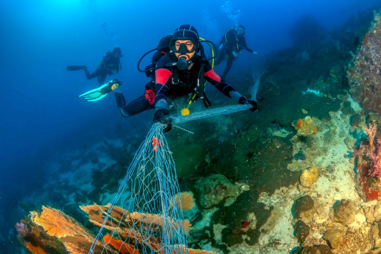 SCUBA divers attempting to remove a huge ghost fishing net tangl
