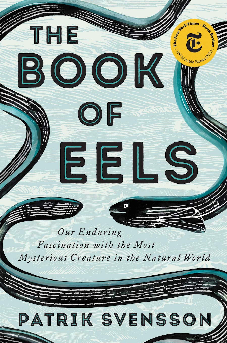 The cover of the book The Book of Eels by Patrik Svensson depicts two long eels facing one another.