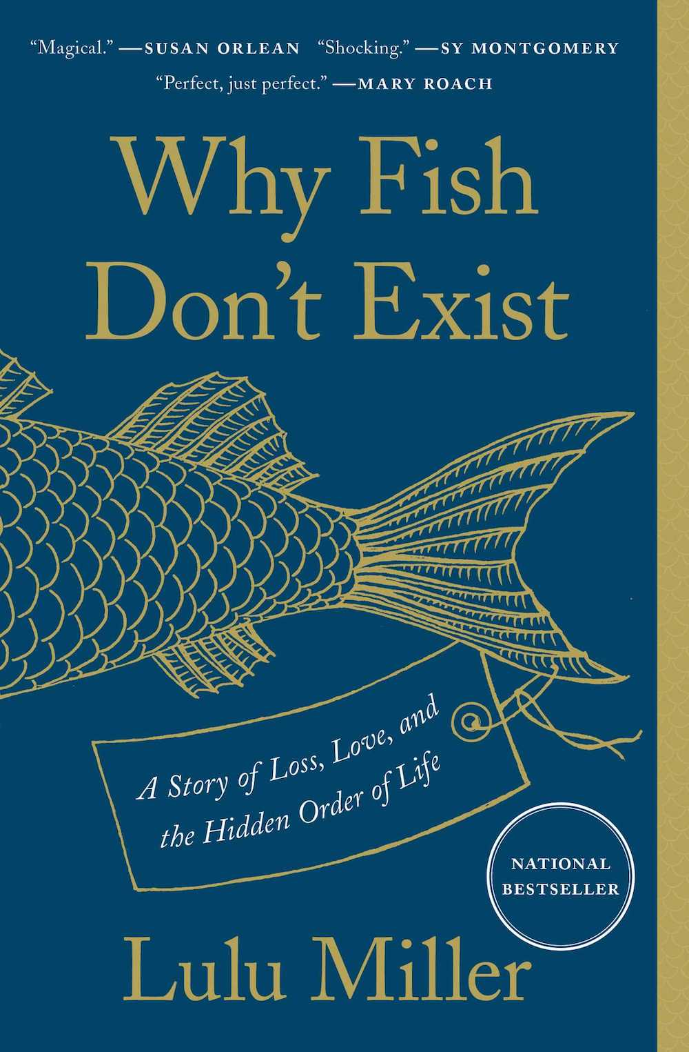 The cover of the book Why Fish Don’t Exist by Lulu Miller depicts a large fish illustration with a tag on their tail