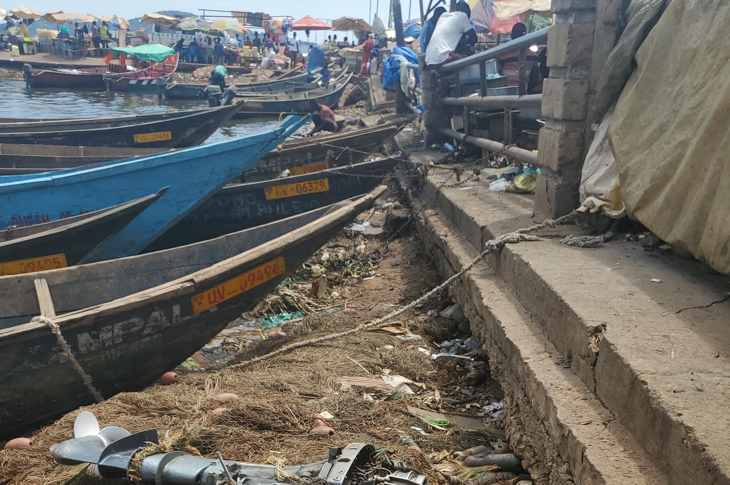 Discarded fishing gear and other plastic debris at the shores of Lake Victoria at Ggaba landing site before recovery by Uganda Junior Rangers