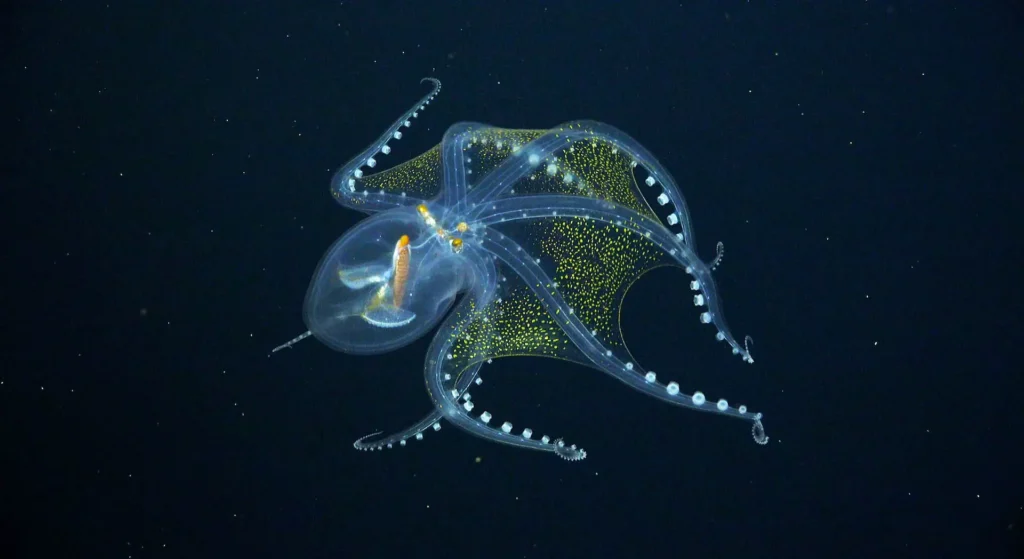 Deep-Sea Octopuses Glass octopus in black water