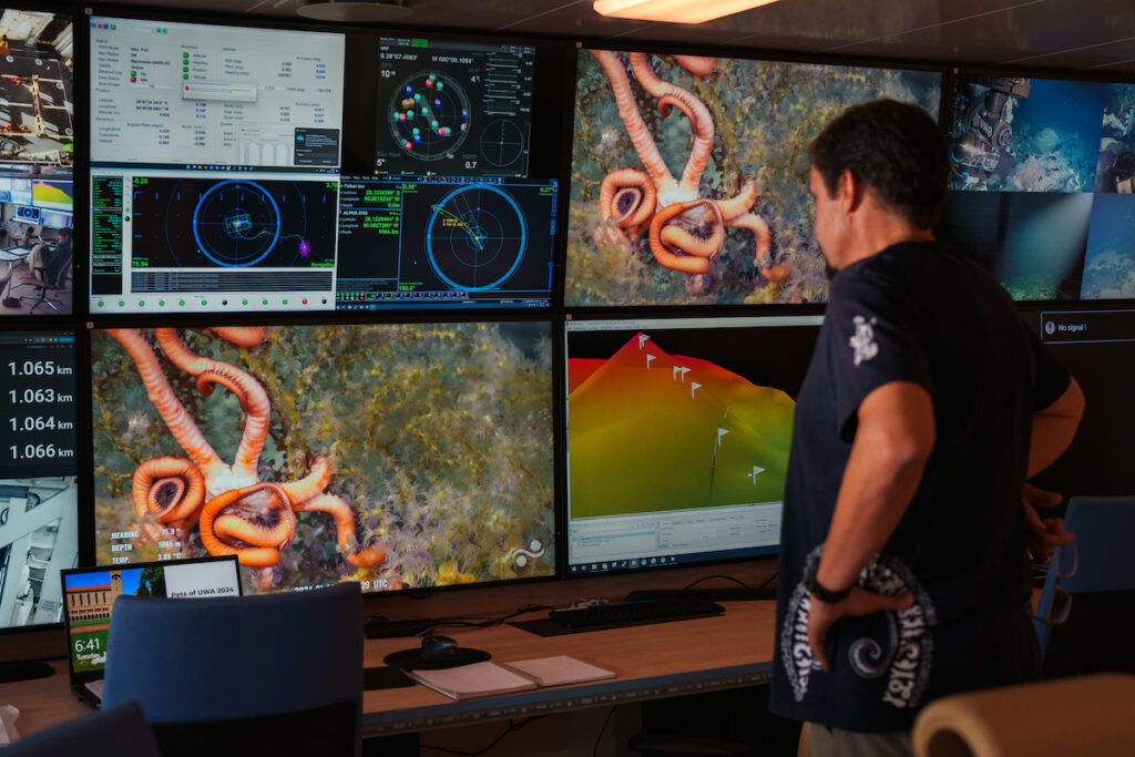 man watching deep sea videos on multiple screens