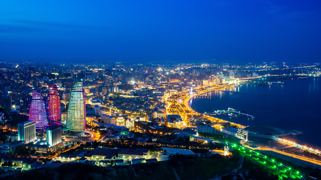 The city of Baku, Azerbaijan at night.