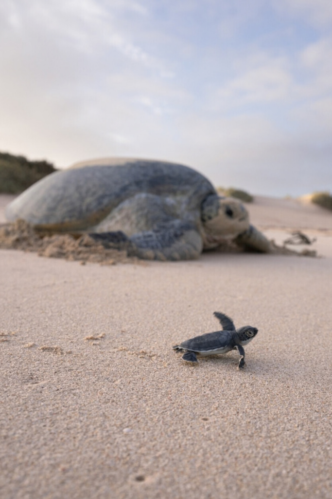 Baby turtle on the beach with parent turtle in background