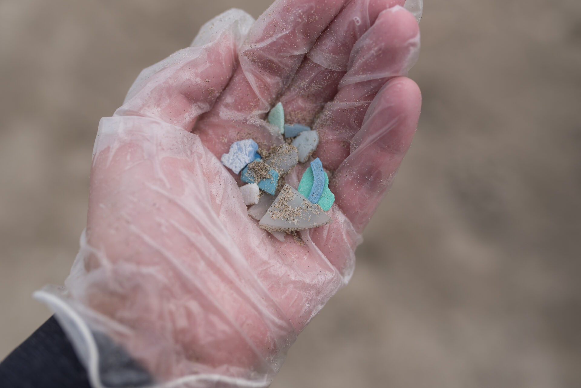 A gloved hand holds bits of microplastics during a beach cleanup event.