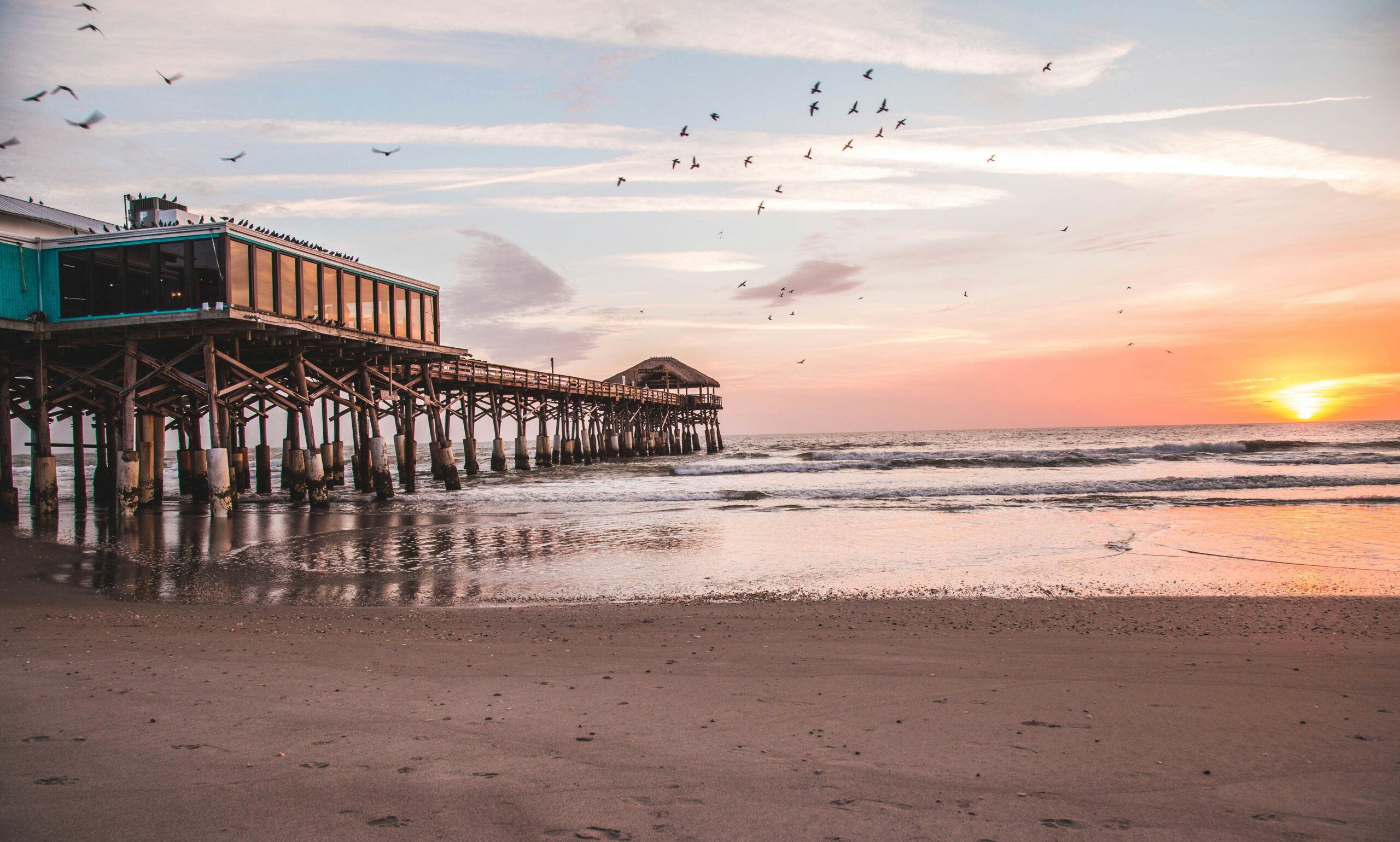 Morning views of a pier on Cocoa Beach, Florida.